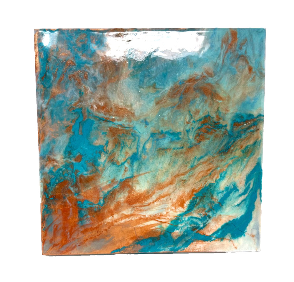 Abstract Resin Pour Acrylic Fluid Art Painting Canvas Panel Turquoise 11.25"